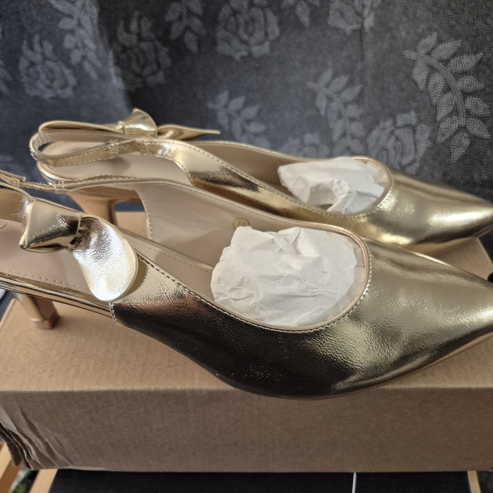 Women's Gold Slingbacks With Bow Detail Size 11 - Picture 2 of 6